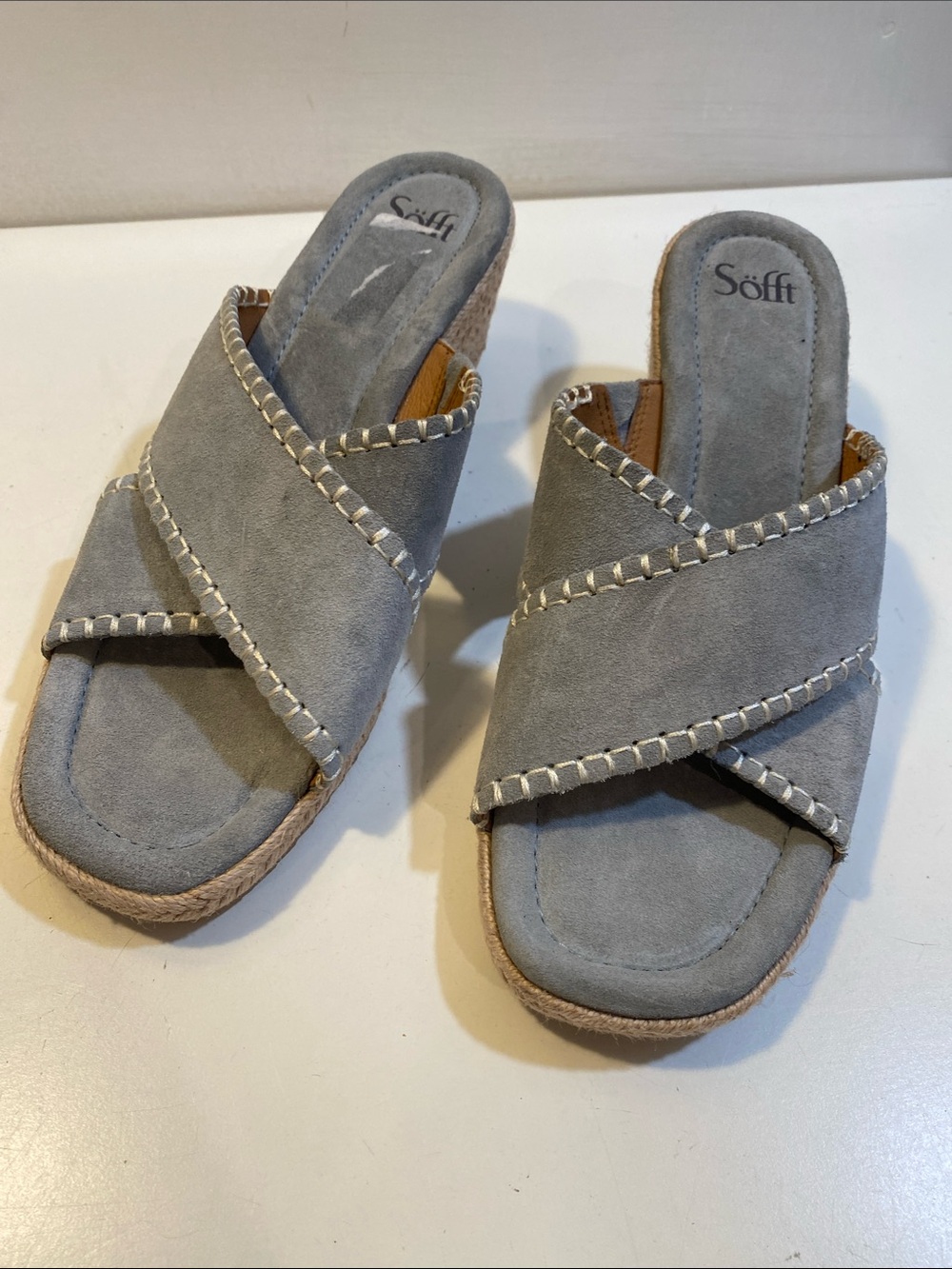 SOFT Gray Suede Leather Wedge Slide Sandals Sz 11M - Picture 4 of 13